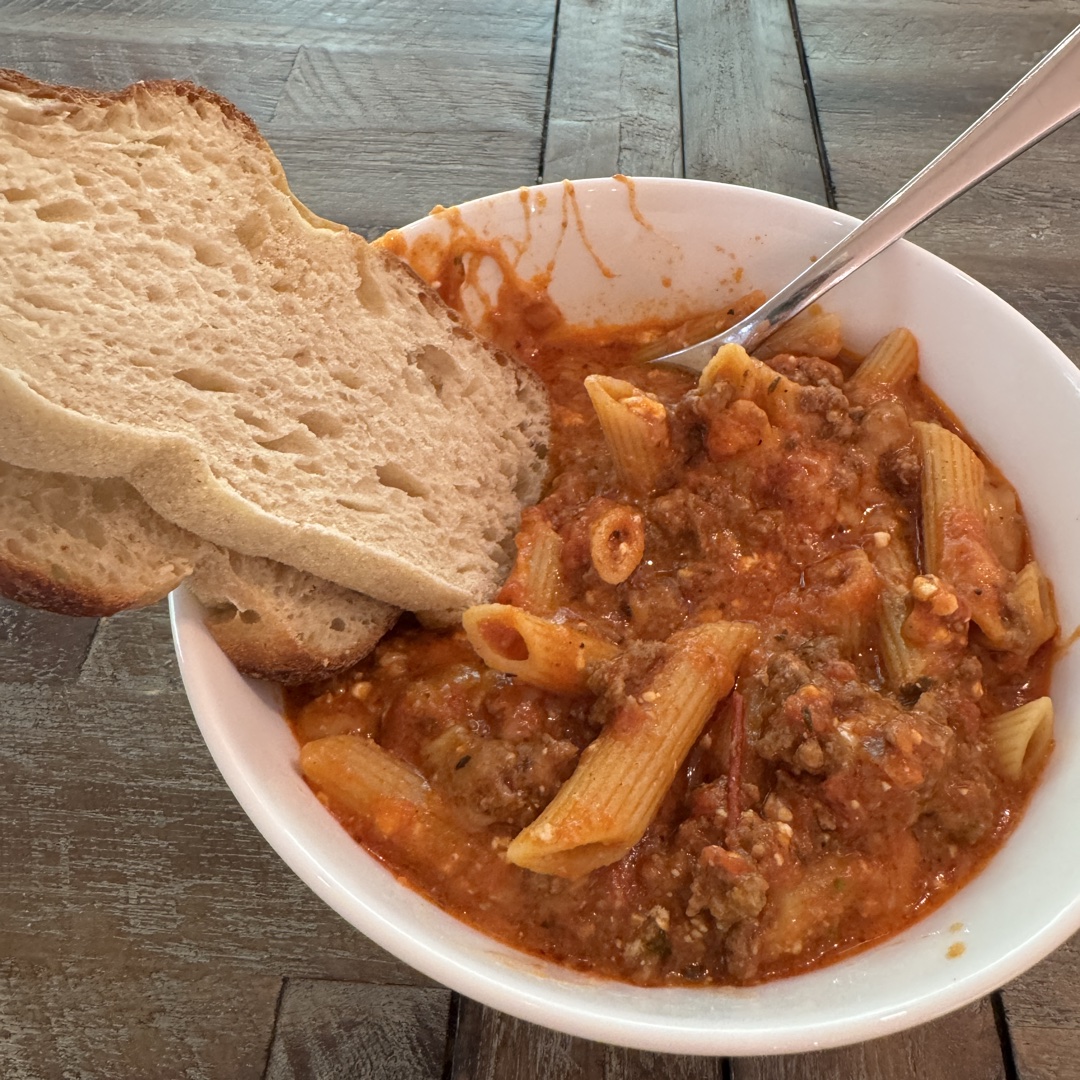 Baked Ziti with sourdough bread