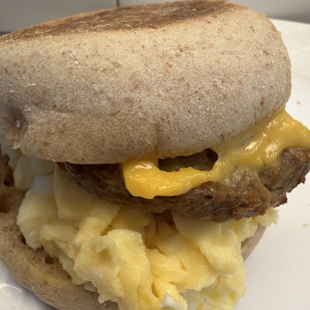 Egg, Chicken Sausage, Dave’s English Muffin, Cheese