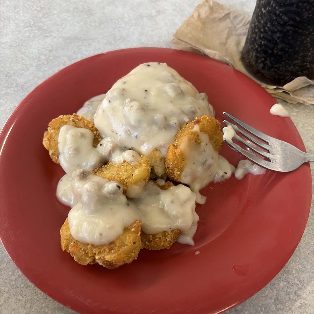 Biscuits, potatoes and gravy