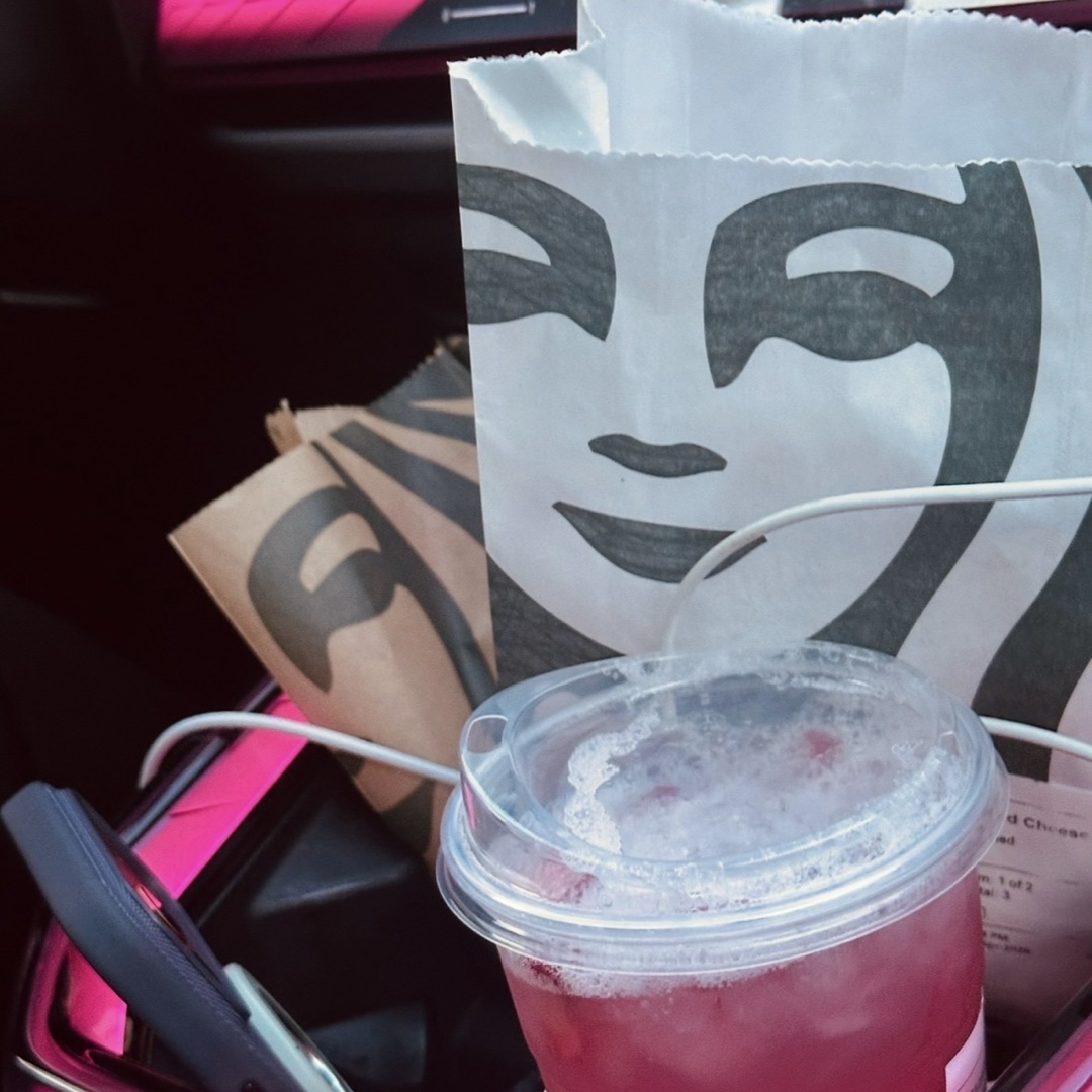 Strawberry açaí lemonade, cake pop, and grilled cheese at Starbucks