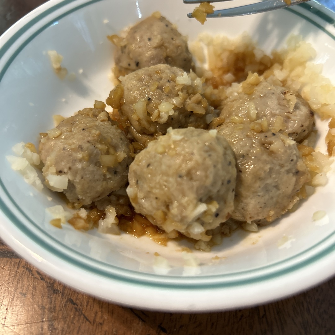 Chicken, pineapple meatballs with cauliflower rice and sauc
